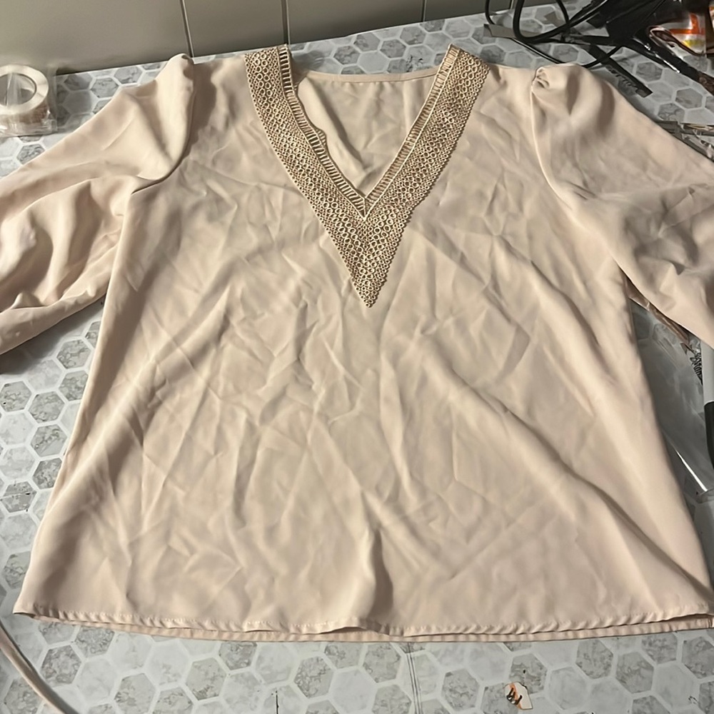 Shein Small Blush Pink Long Sleeve V Neck Embroidered Blouse